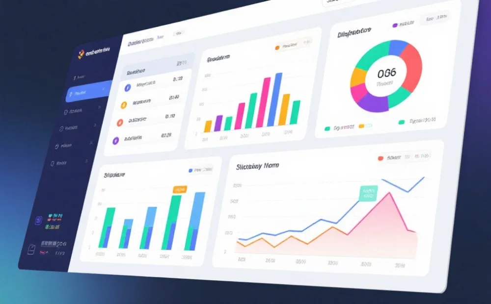 一张现代化数据仪表盘界面，上面展示着多种图表和数据分析结果，色彩清晰，结构有序