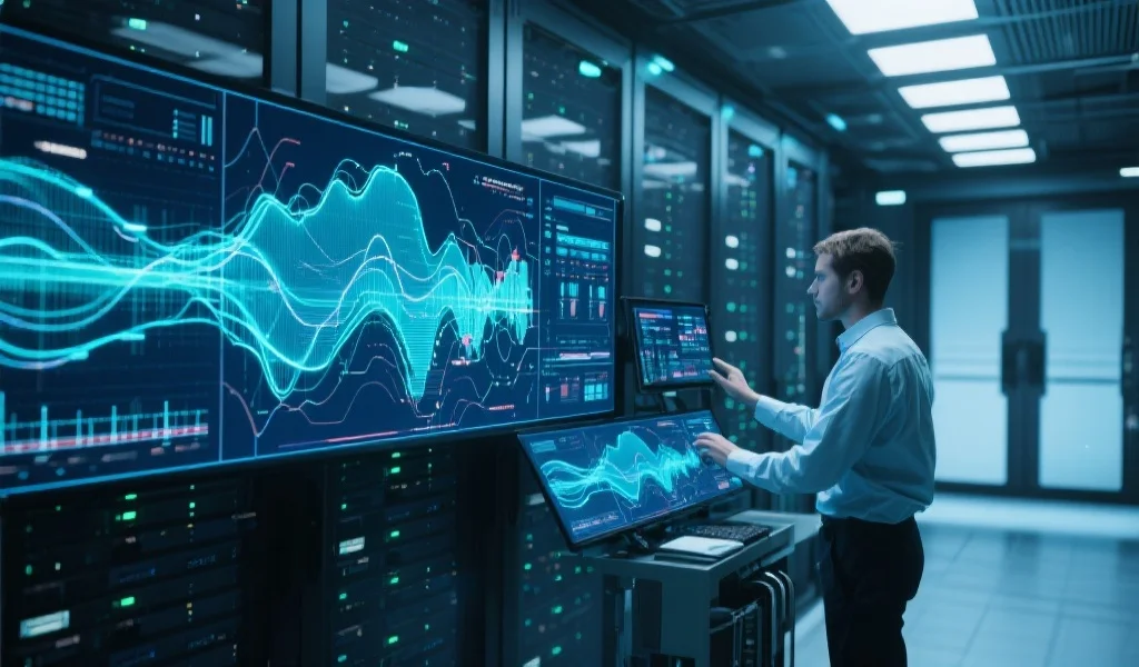 未来感十足的服务器机房，工程师正操作高科技设备分析庞大的数据流，屏幕上闪烁着复杂的数据图表