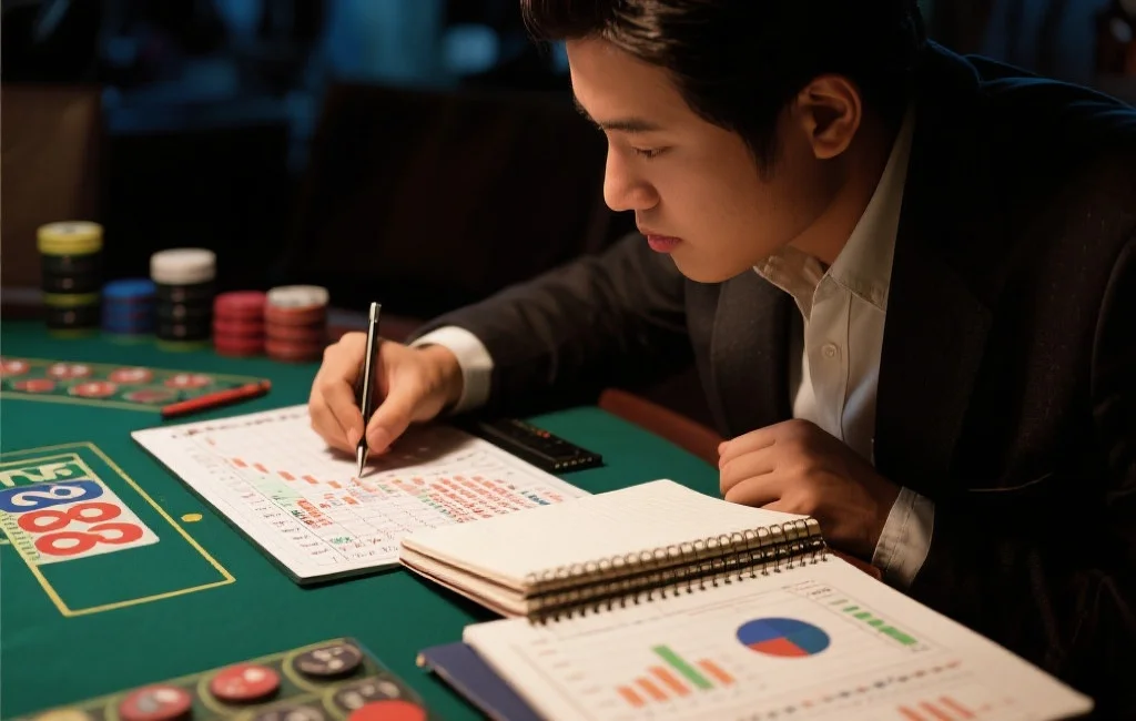 一位玩家专注分析PC28走势图,旁边放有笔记本和分析图表